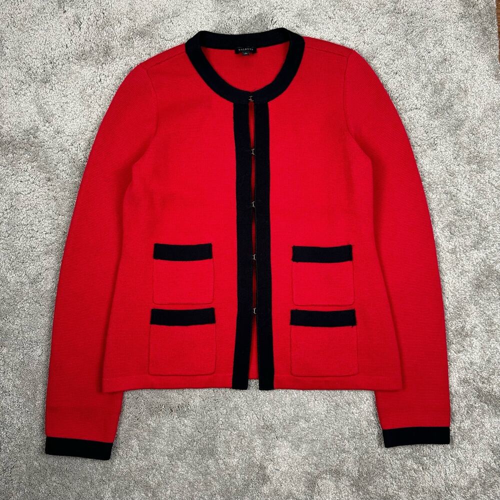 Talbots Size SMALL Cardigan Knit Sweater Jacket Red Black Trim Classic Blazer